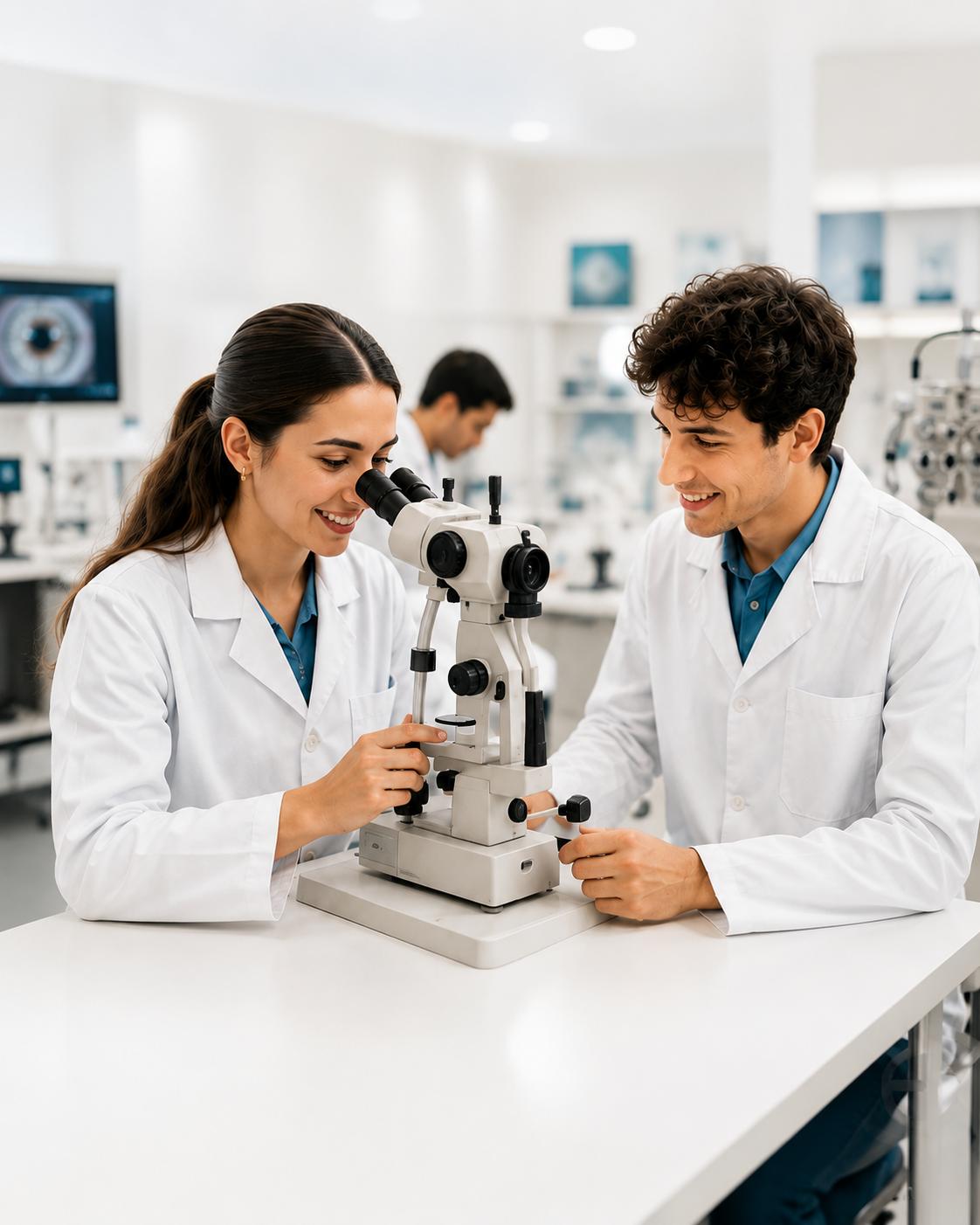 Studenti in laboratorio di ottica durante un'attività pratica al microscopio