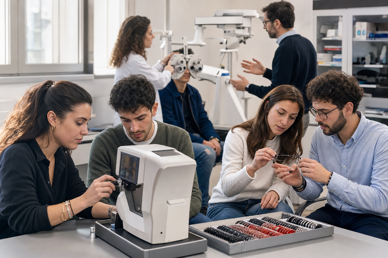 Corsisti Emmetra impegnati in diverse esercitazioni di ottica e optometria in laboratorio