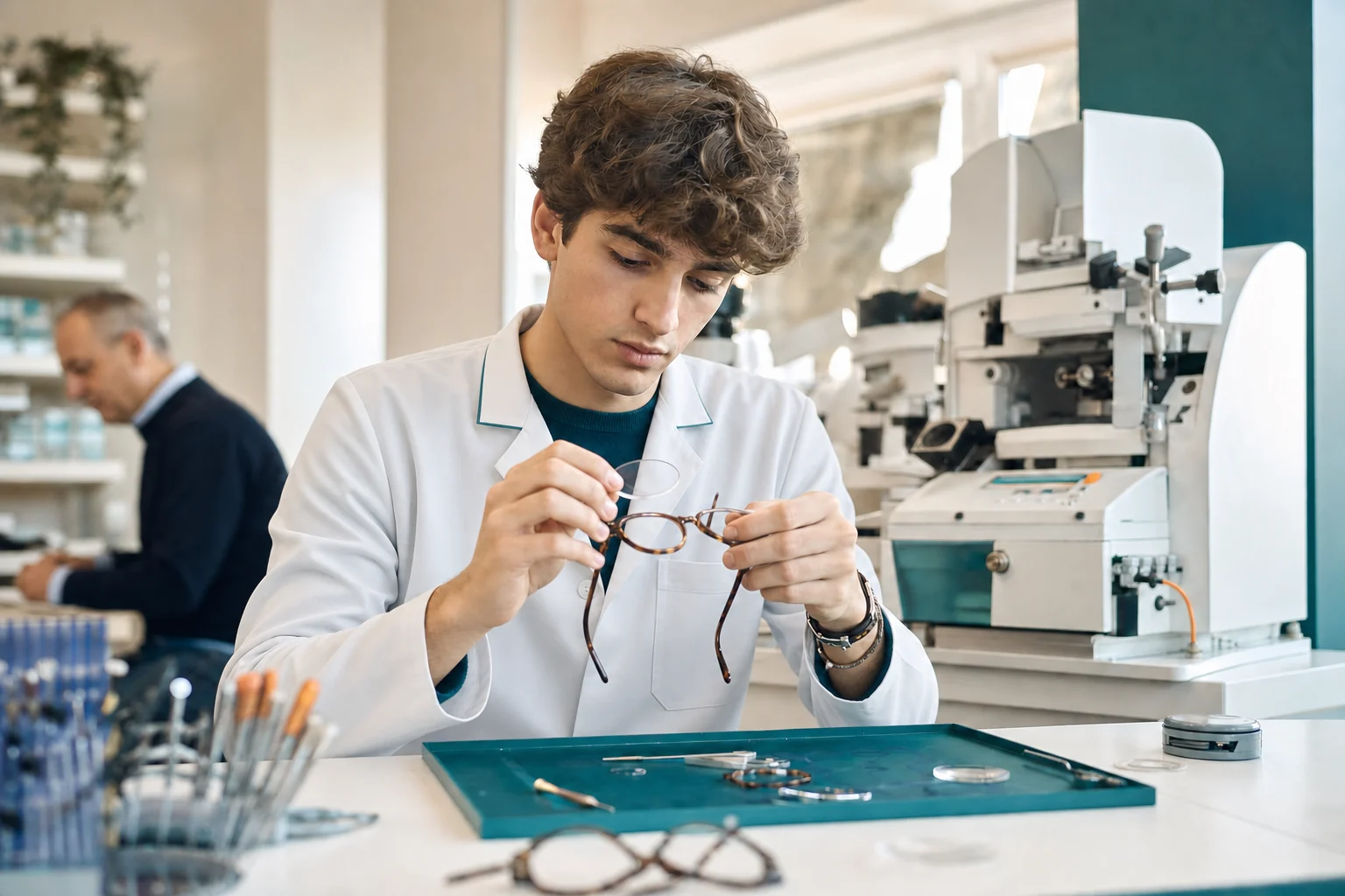 Studente con camice tecnico mentre monta una lente su una montatura nel laboratorio di ottica