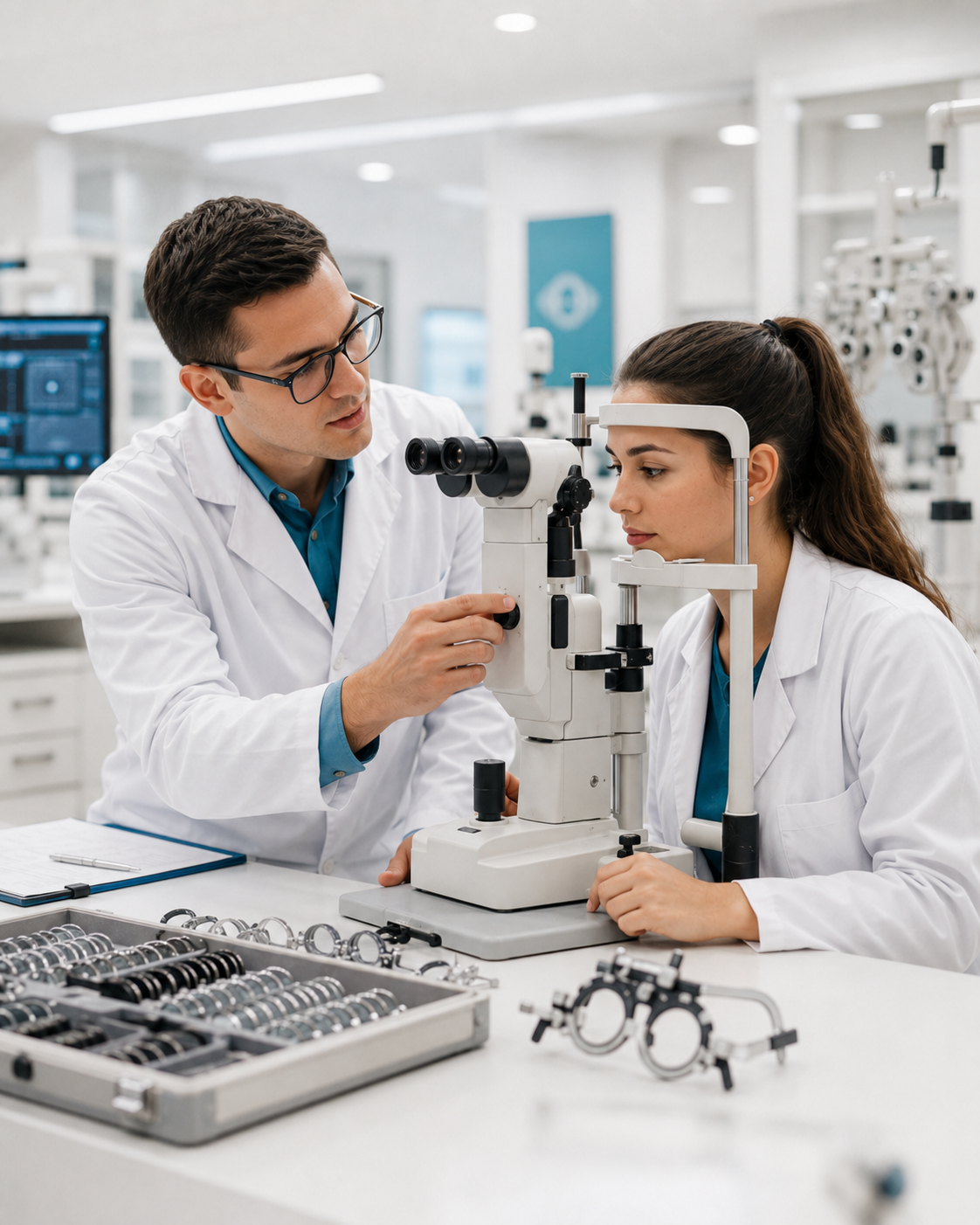 Studenti in laboratorio di ottica durante un'esercitazione con strumentazione professionale